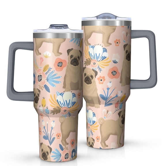 OBREWU Bulldog Dog and Flower Florals Tumbler with Handle and Lid,Bulldog Dog and Flower Florals 40oz Double Wall Vacuum Insulated Tumbler,Cups Gift for Women and Men