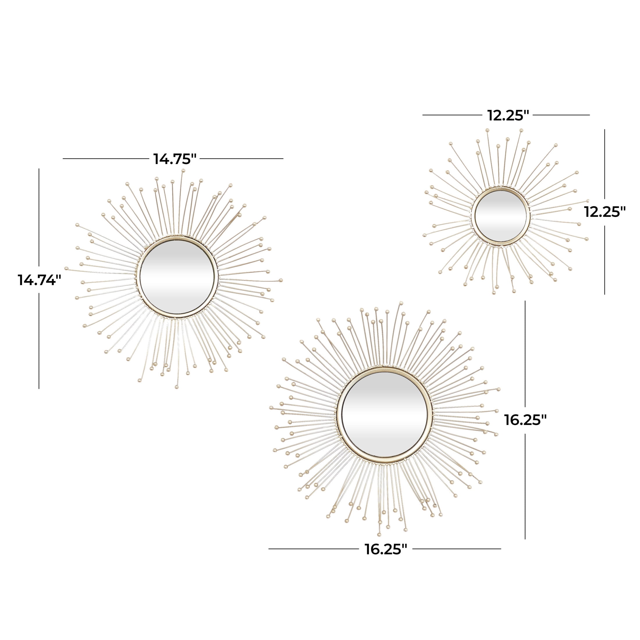 DecMode 16", 15", 12"D Gold Starburst Wall Mirror, Set of 3