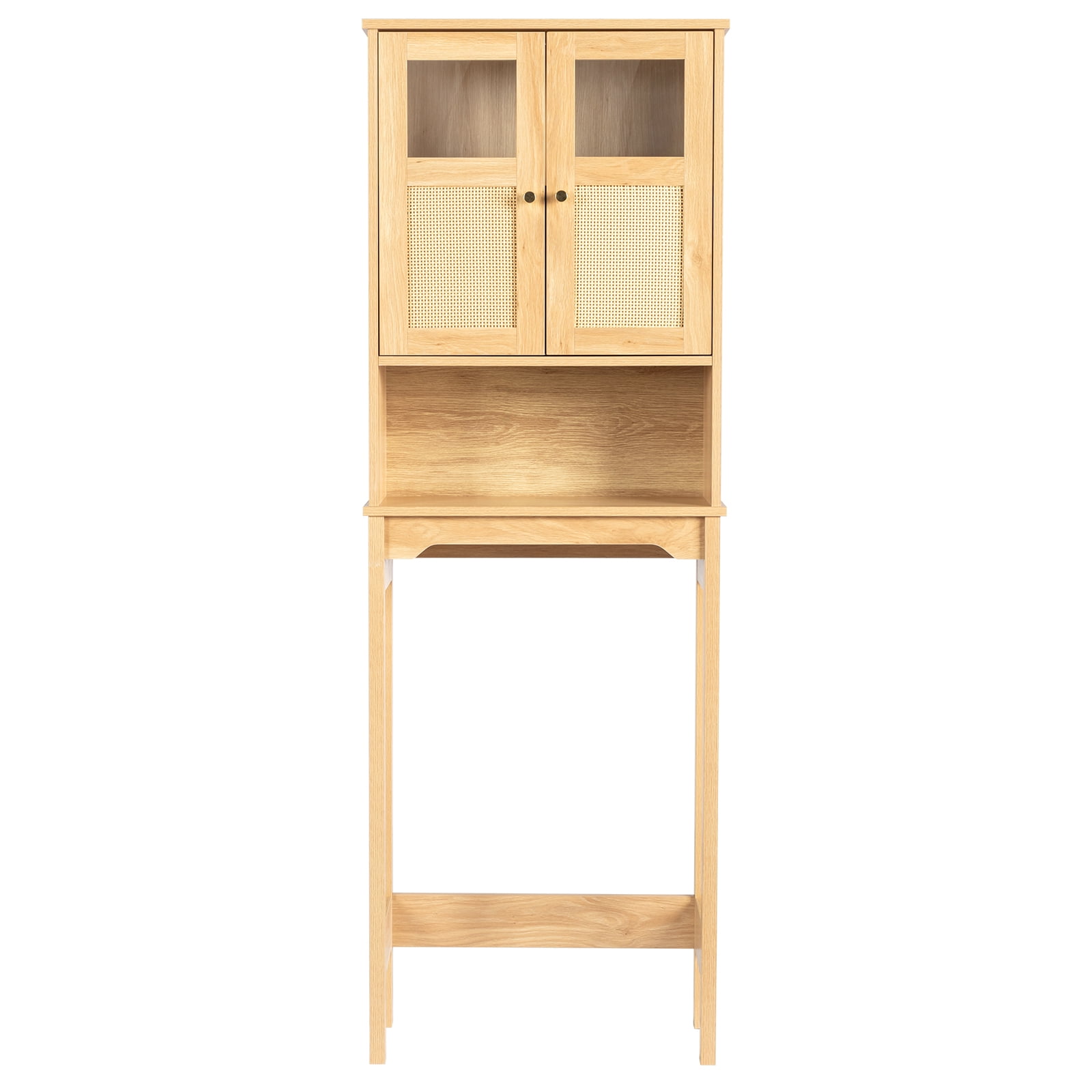 2-Door 3-Tier Toilet Cabinet Particleboard Melamine-Faced Bathroom Vanity Bathroom Cabinet with Rattan Surface, 23.62*8.66*66.93in Natural Wood
