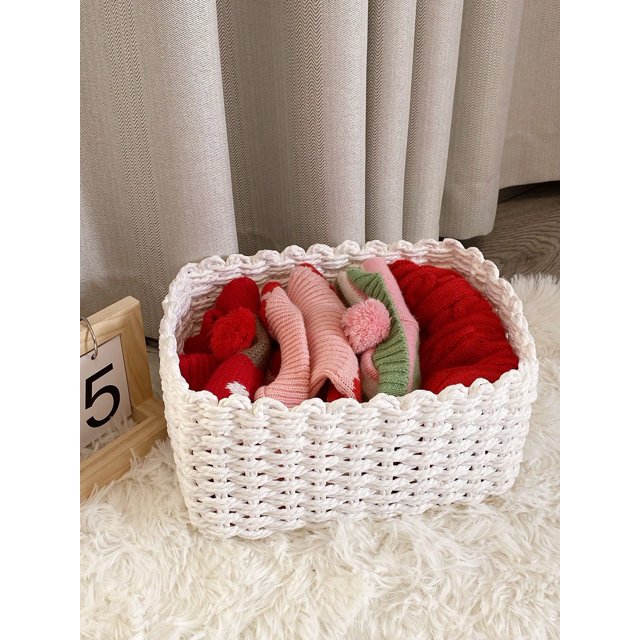 1pc White Paper Rope Woven Desktop Pet Supplies Storage & Clothes Organizer Basket