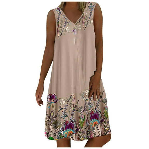 Drses Sleeveless Dress for Women Summer Women's Summer Sleeveless V-neck Floral Print Casual Vacation Dress Sundress for Women 2024