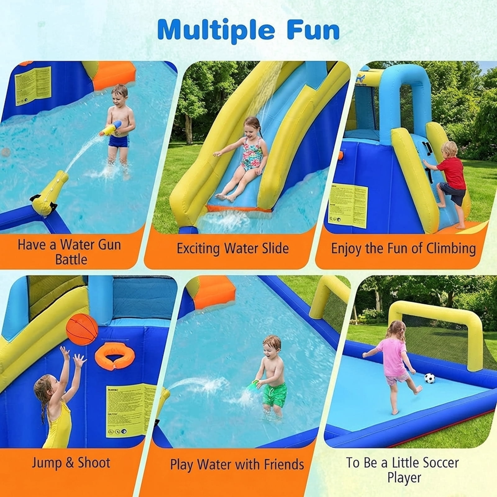 Redsmile 6-in-1 Inflatable Water Slides with Splash Pool Climbing Wall Basketball Hoop for Kids Aged 3-10 Outdoor Summer Play - Blue and Yellow