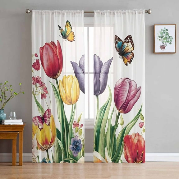 Spring Floral Sheer Curtains 84 Inch Length 2 Panels Set for Living Room/Bedroom, Tulip Butterfly Summer Botanical Pastoral Semi Curtain Sheers Drapes Rod Pocket Curtains Window Treatment 52''x84''x2