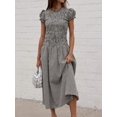 thumbnail image 2 of Black Gingham Smocked Round Neck Short Sleeve Midi Dress For Casual Street Wear, 2 of 6