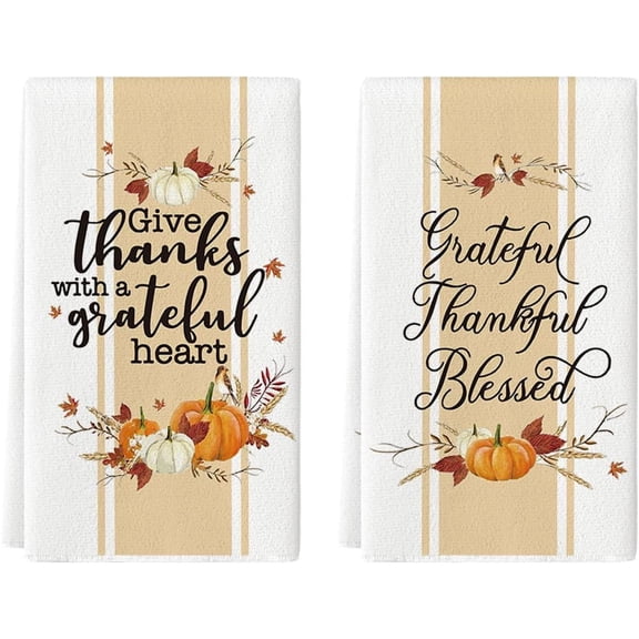 Pumpkins Thanksgiving Kitchen and Dish Towels, 18 x 26 Inch Fall Harvest Thankful Vintage Daily Ultra Absorbent Drying Cloth Tea Towels Set of 2