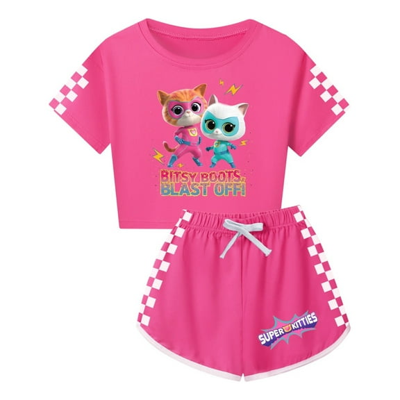 SuperKitties Cartoon Cat Apparel – Girls Summer 2-Piece Clothing Set with Tee and Shorts