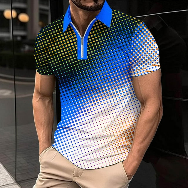 Chemises pour Hommes Décontractées Imprimées Manches Courtes Col Rabattu Fermeture à Glissière T-Shirt Blouse Tops
