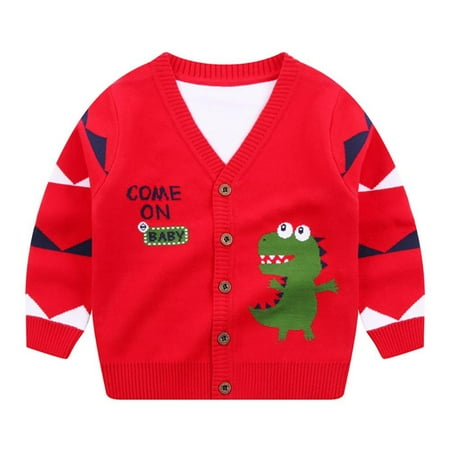 

Baby Boys Girls Long Sleeve Knitted Sweatshirts Cartoon Dinosaur V-Neck Cardigan Sweaters