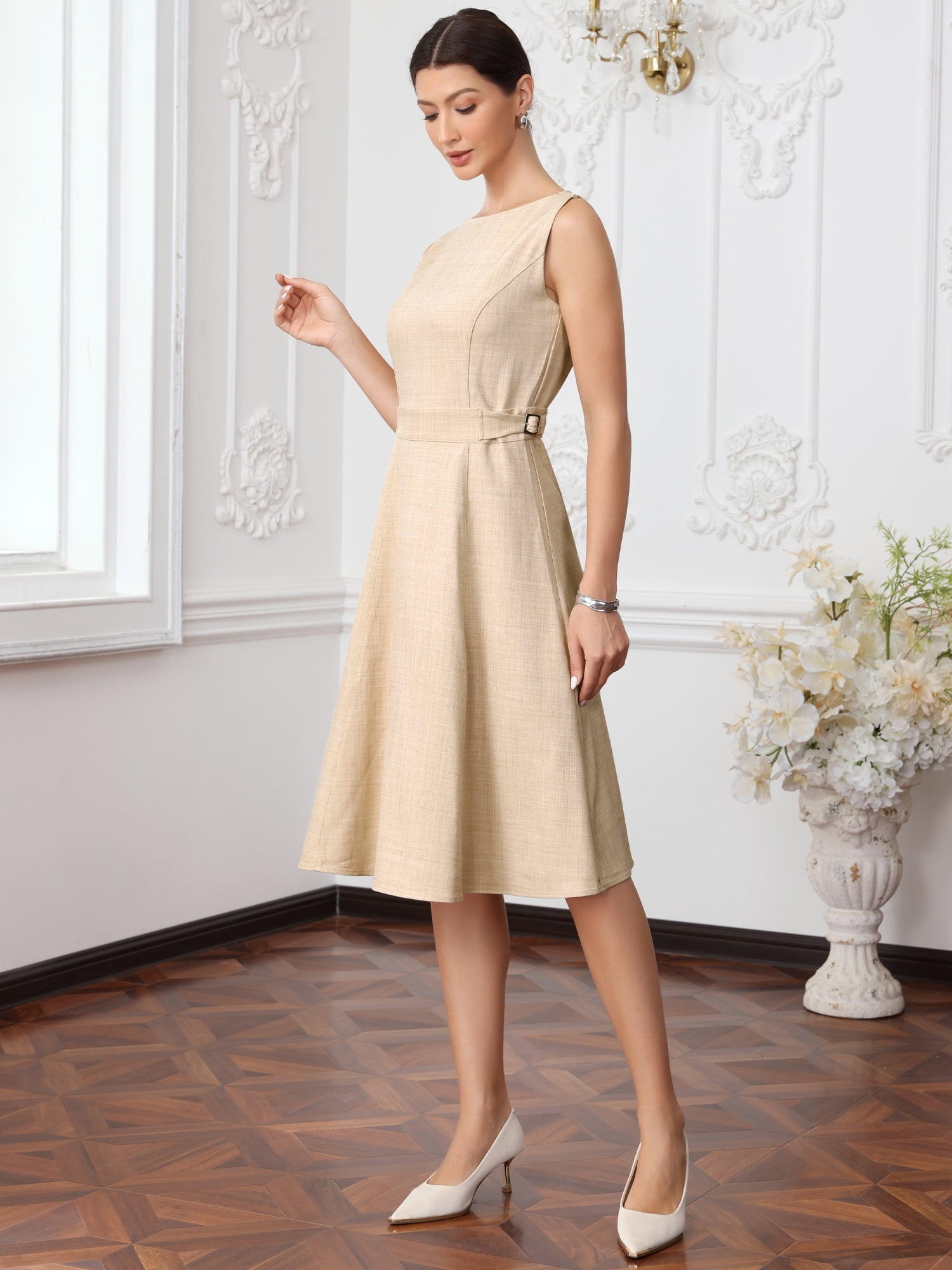 DARING DIVA Women's Elegant Work Dress Sleeveless Boat Neck A Line Midi Dresses XS Beige