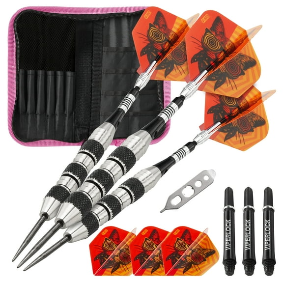 Viper The Freak Steel Tip Darts Knurled and Shark Fin Barrel 22 Grams and Casemaster Deluxe Pink Nylon Dart Case