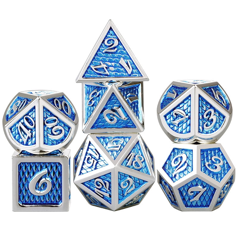 Sea Dragon Scales D&D Dice set Dungeons and dragons Heavy green and blue metal dice with dragon scales