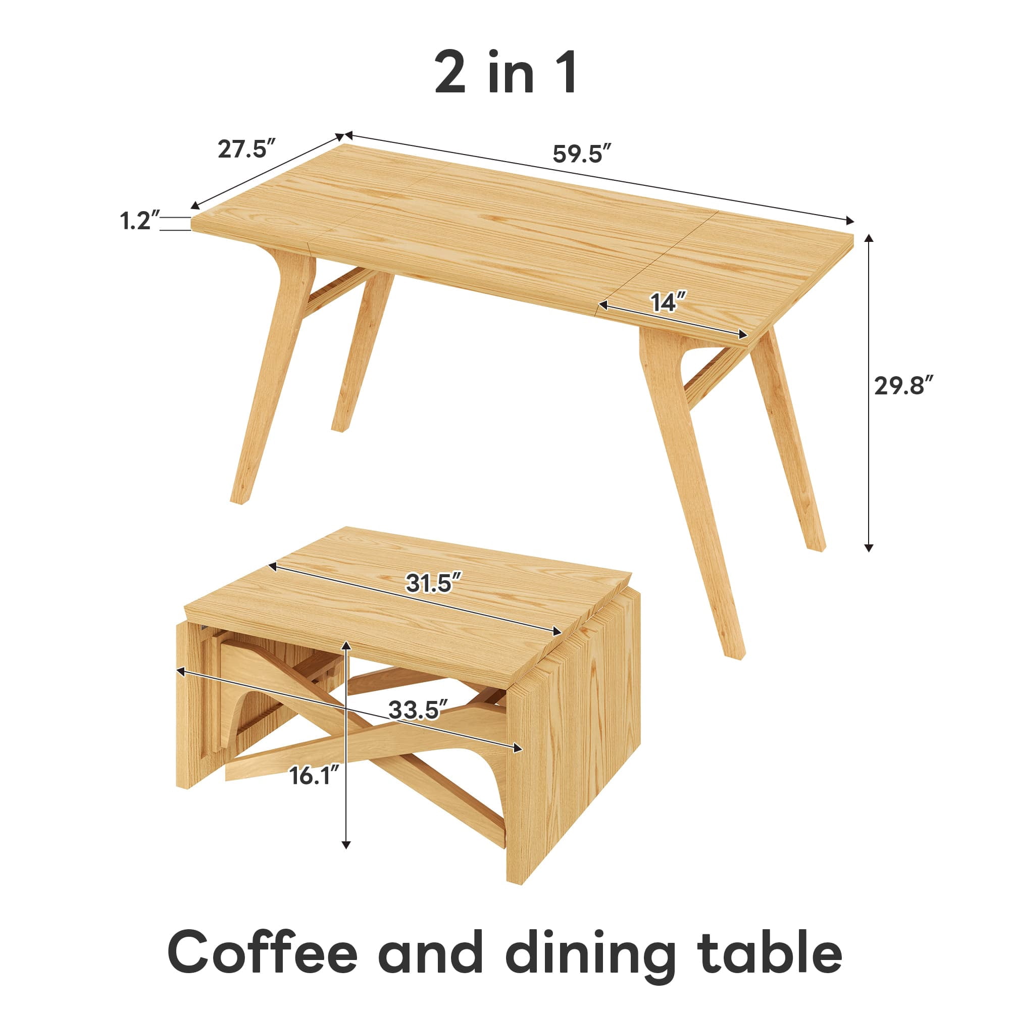 Aukfa 59.5" Rectangle Lift Top Expandable Dining Table, 2-in-1 Solid Wood Coffee Table, Convertible Table for Small Spaces,