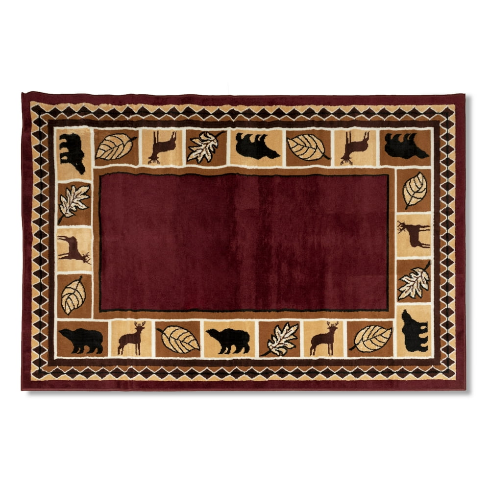 Rugs Home 631 Burgundy 2'x4' Wildlife Bear Rustic Moose Decor Lodge
