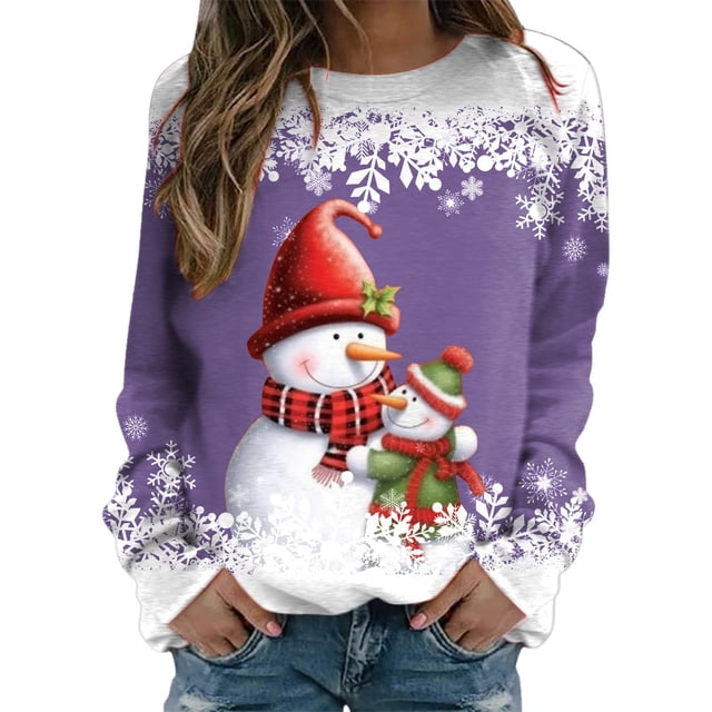 EHQJNJ Chandails en Molleton Graphiques à Col Rond pour Femmes, Pull Court Imprimé Joyeux Noël, Col Rond, Manches Longues, Décontracté, Ample