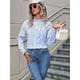 thumbnail image 5 of Blusas de Oficina de Larga con Cuello Alto y Botones A Rayas para Mujer Azul XL, 5 of 10