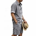 thumbnail image 4 of JUUYY Men's Linen 2 Piece Sets Short Sleeve Loose Fit Collar Button Down Shirt Shorts with Pocket Set Casual Summer Beach Outfits Dark Gray XXXL, 4 of 9