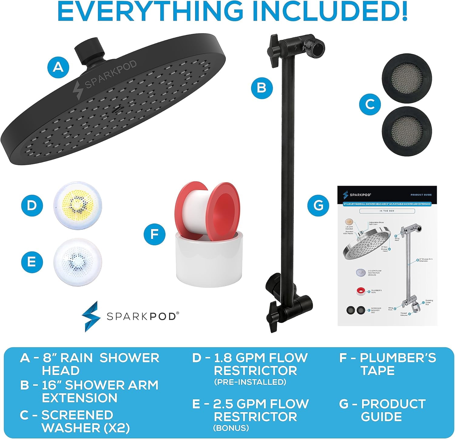 SparkPod Rain Shower Head with Adjustable Extension Arm 16" - High Pressure, Easy Install (8" inch Shower head, Black Matte)
