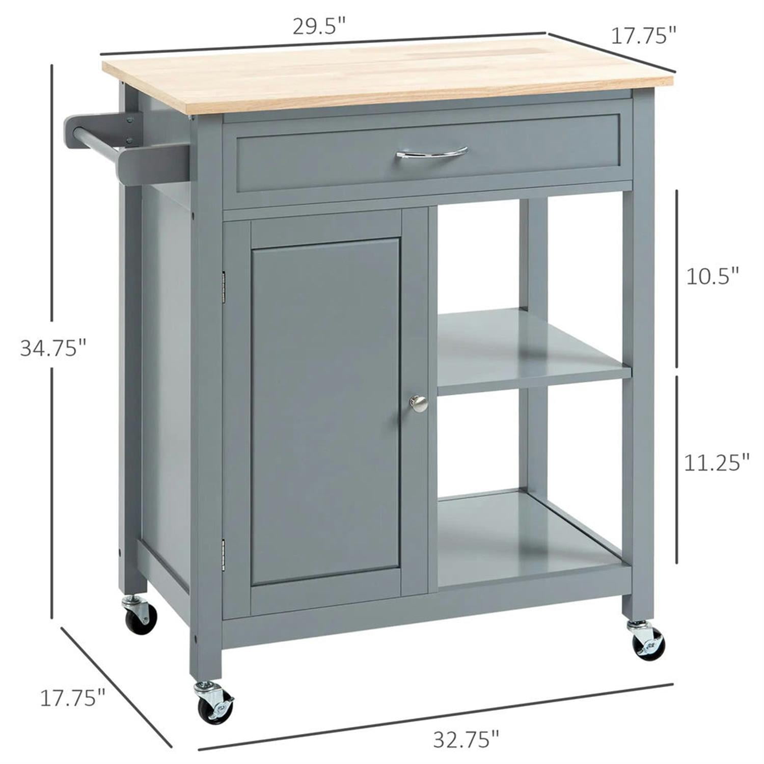 Demi Bonn 34" Kitchen Island Cart on Wheels with Storage Shelf, Rolling Dining Room Serving Utility Carts Mobile Movable with Wood Top and Drawer, Gray