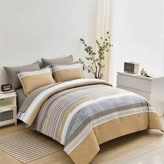 7 Piece Bed in a Bag Stripe Comforter Set Queen Size, White Grey Khaki Patchwork Striped Comforter and Sheet Set, All Season Soft Microfiber Complete Bedding Set(Khaki,Queen)