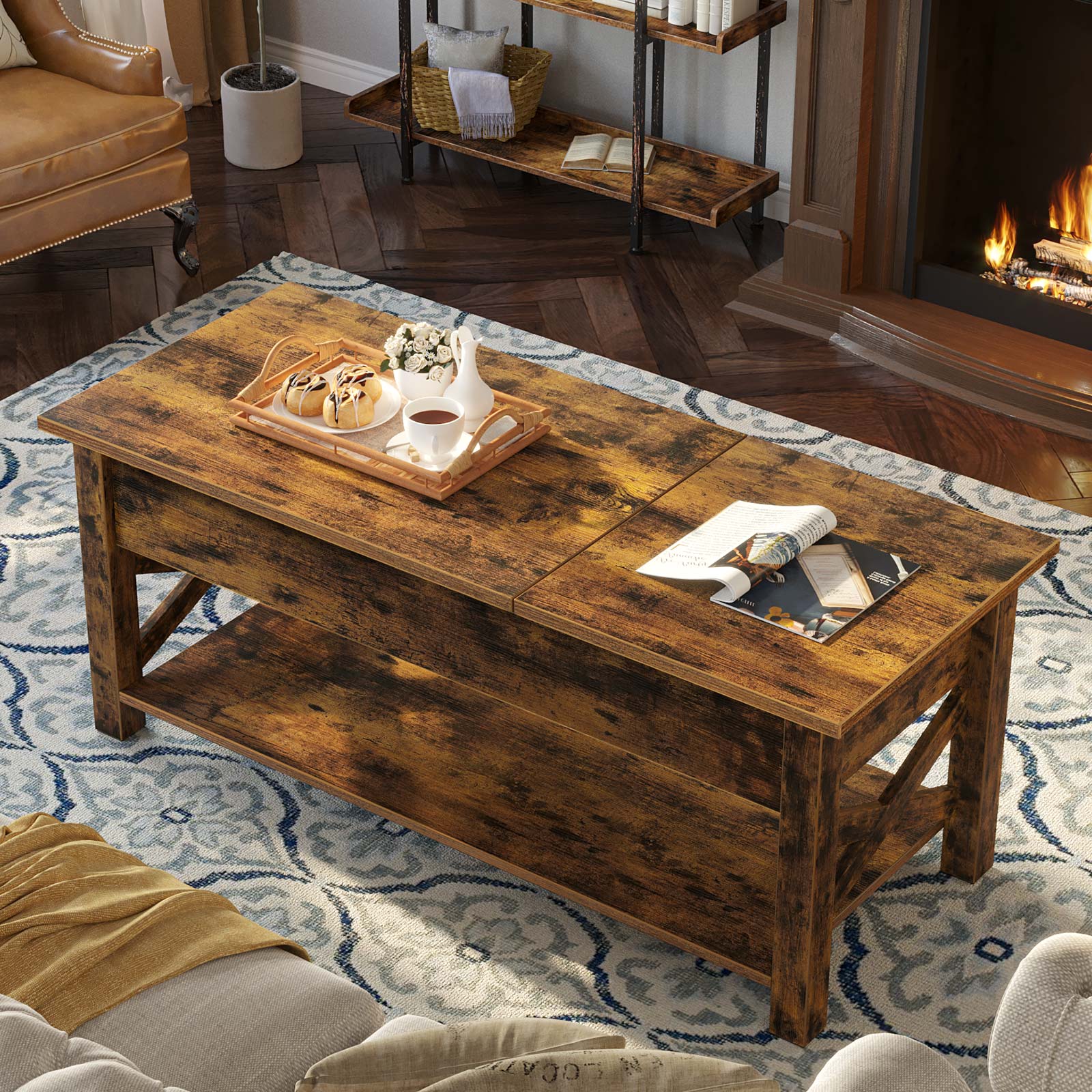 Greenstell Lift Top Coffee Table with Drawer and Hidden Compartment 43.8 Inch, Rustic Brown