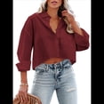 thumbnail image 3 of Camisas de Mujer con Botones, Tops Casuales de Larga, Blusa con Solapa y Bolsillo en el Pecho Rojo S, 3 of 8
