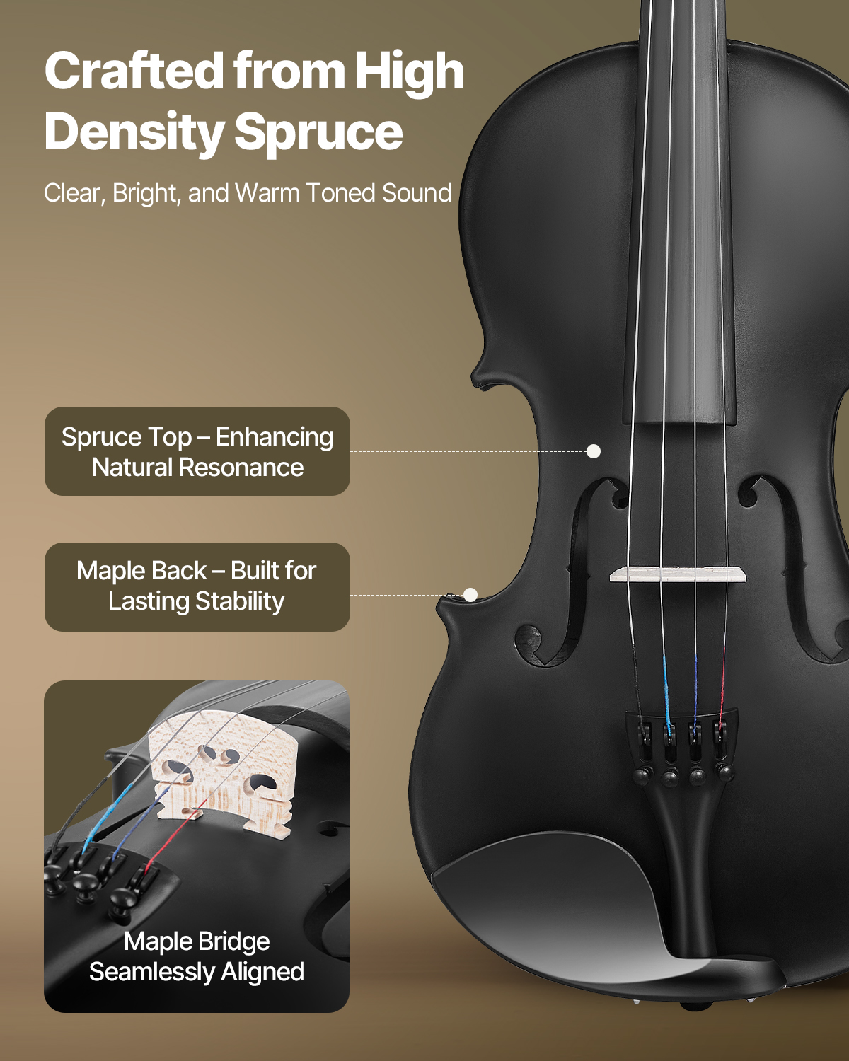 VEVOR Violin 4/4 Full Size for Adults, Violin Fiddle Set for Beginners Student with Hard Case, Rosin, Bow, Shoulder Rest, Bridge, Tuner and Extra Strings, Professional Solidwood Instruments (Black)