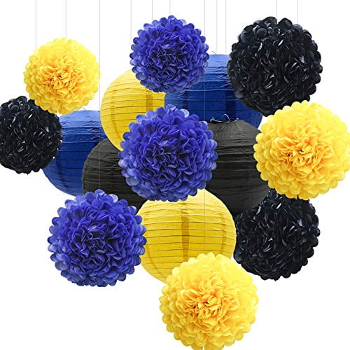 15pcs Hanging Party Decorations Set, Navy Blue Yellow Black Paper Flowers Pom Poms Balls and Paper Lanterns for Batman Birthday Baby Shower Reveal Party Graduation