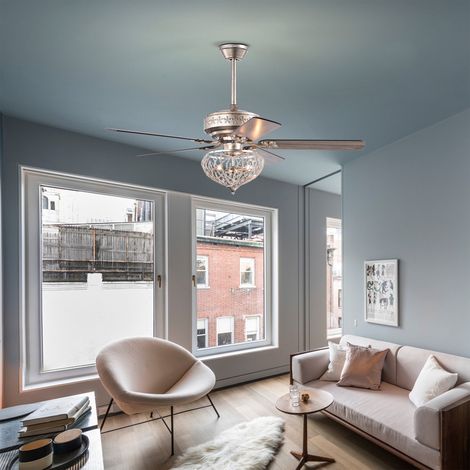 Warehouse of Tiffany Kannon 52 Inch Ceiling Fan Antique Silver Finish Shabby Chic Style with Remote
