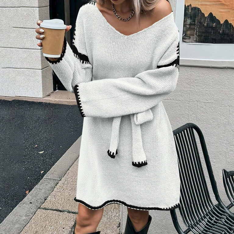 square neck knit dress Women's Keep It Authentic Square Neck Sweater Dress in Beige/White main image 0