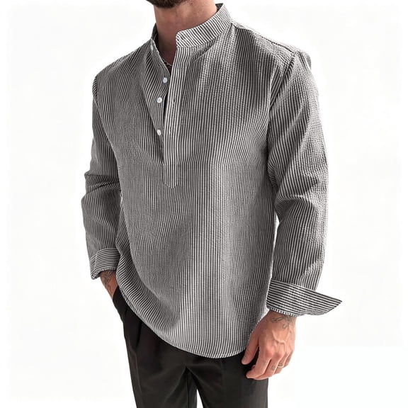 Rvwovn Men's Loose Fit Mandarin Collar Shirt - Casual Striped Half-Placket Long Sleeve Blouse