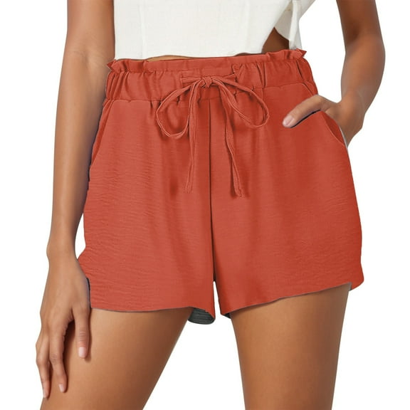 MIXUE Shorts For Women Summer Linen Solid Color Elastic Waist Drawstring Wide Leg Loose Casual Dressy Beach Shorts Streetwear,Orange,XL