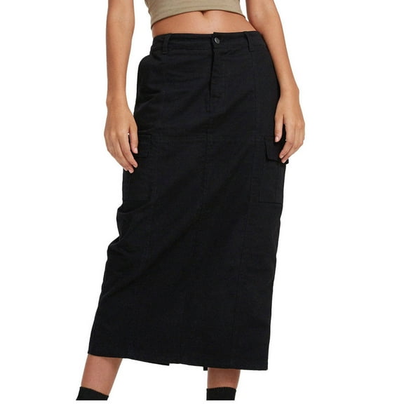 Aofany Women's Long Cargo Skirt Solid Color High Waist Straight Streetwear Loose Skirt Work Shirts with Pockets