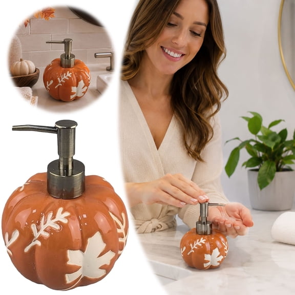 Ceramic Pumpkin Liquid Soap Dispenser with Maple, Refillable Lotion Pump Bottle, Autumn Decorative Soap Container, Farmhouse Bathroom Kitchen Accessory, Halloween Thanksgiving Tabletop Decor Gift