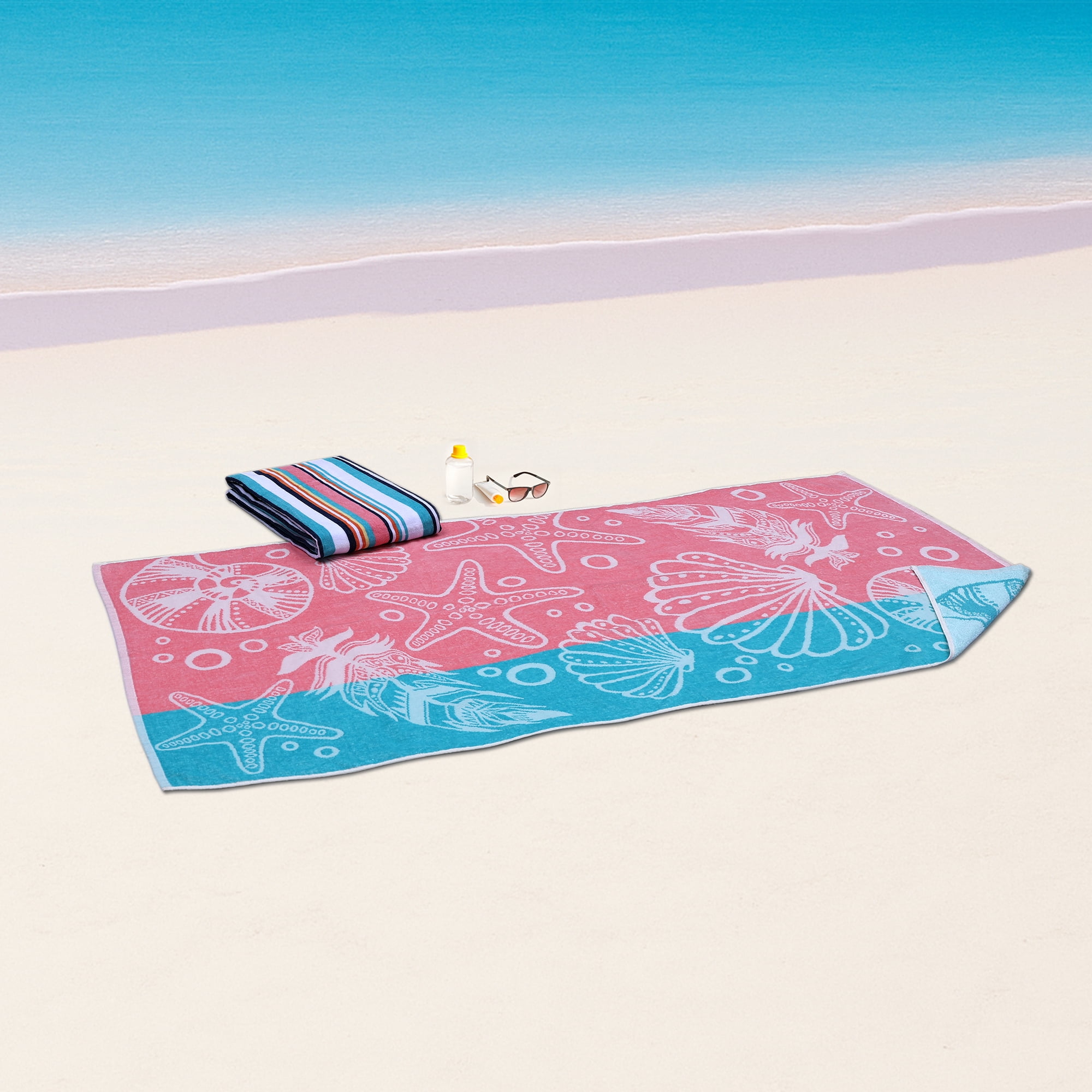 Mainstays 2pk Cotton Beach Towel, 58 x 28 in, Coral Starfish & Stripes