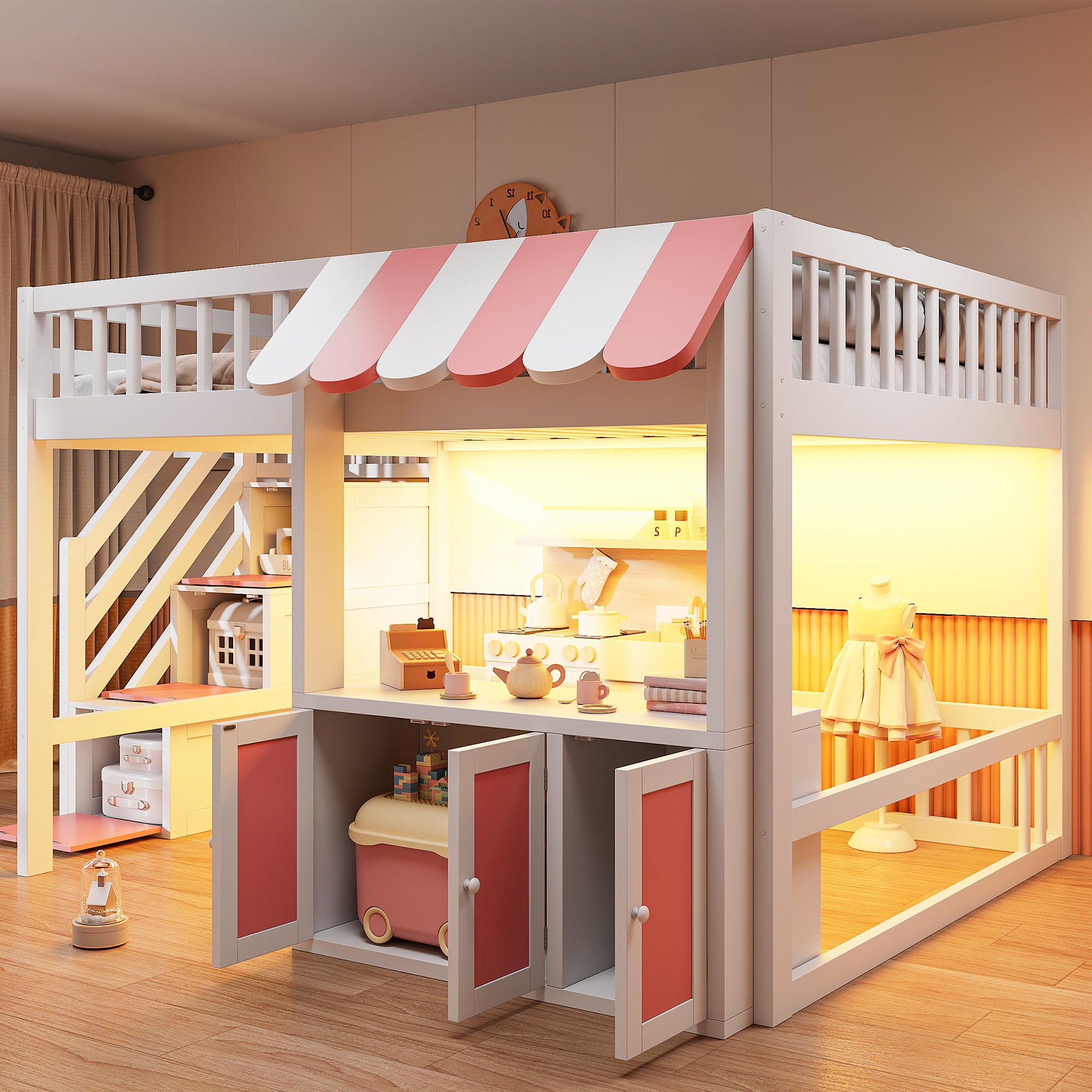 Mintazer Full Size Loft Bed with Play Storefront & LED Lights, Kids Loft Bed with Guardrail and Storage Staircase & Cabinet for Bedroom, White & Pink