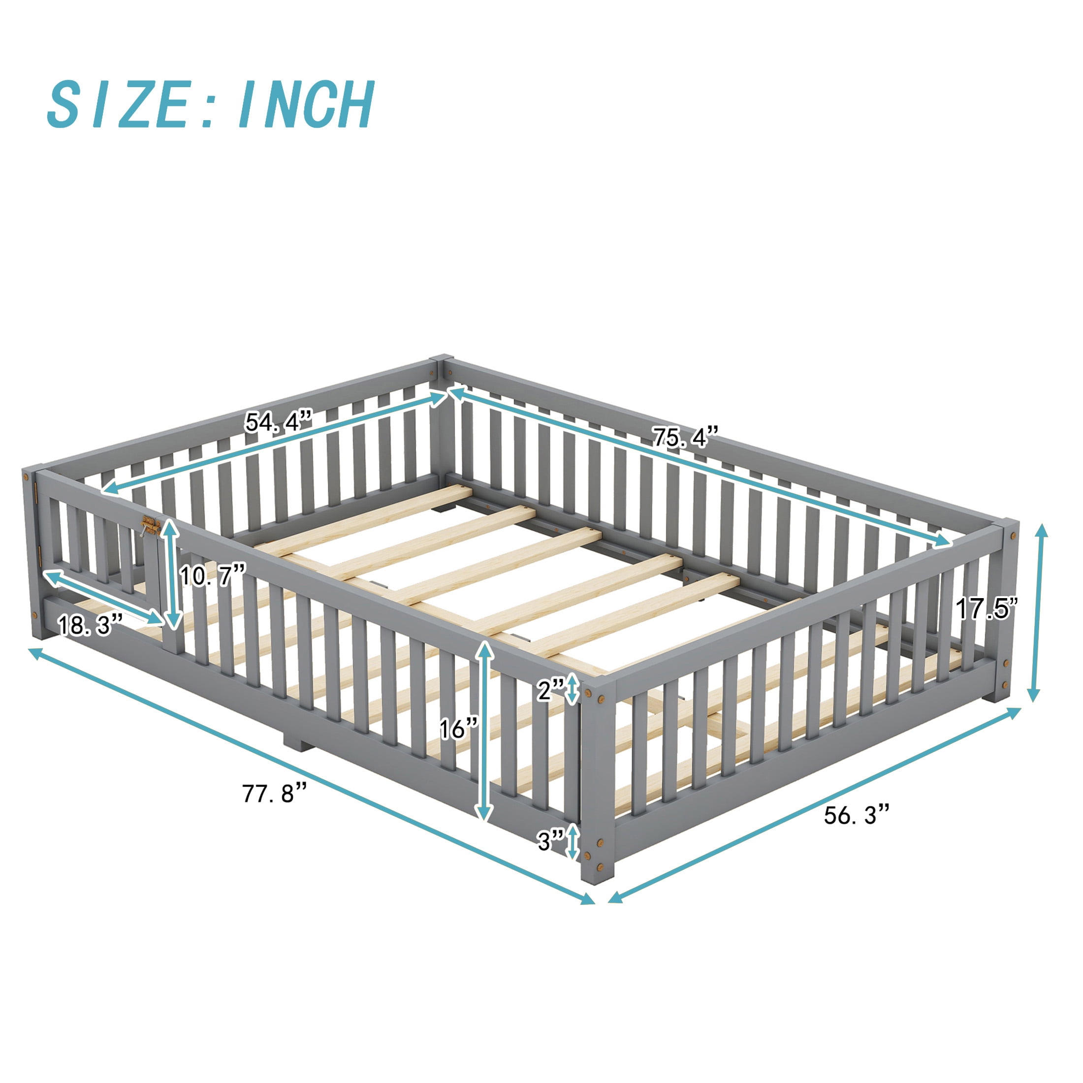 Aukfa Full Size Floor Bed for Kids Children, Wood Montessori Bed Frame with Safety Guardrails and Door, Gray