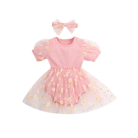 

Baby Girls Romper Dress Set Daisy Print Mesh Patchwork Short Sleeve Jumpsuits and Bow Headband