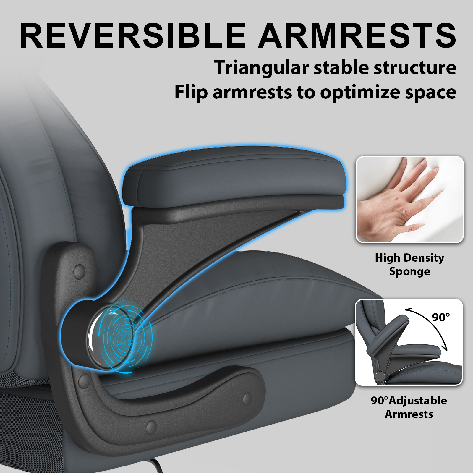 Hovos Big and Tall Office Chair with Flip-up Arms, Ergonomic Home Computer Desk Leather Chair, 360° Swivel Computer Desk Chair, Quiet Nylon Wheels, Gray