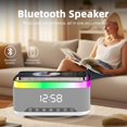 thumbnail image 3 of Altavoz Bluetooth con carga inalámbrica y reloj digital, pantalla LED, estación de carga Qi de 15 W, 2 altavoces de 10 W, 6 luces ambientales, BT5.3/AUX/TF/USB, para el hogar, mesita de noche, viajes, 3 of 7