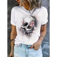 thumbnail image 1 of Halloween T-Shirt - Women's Skull & Floral Print Casual T-Shirt - Dark Gothic Halloween Graphic Tee with Round Neck, Short Sleeve, Halloween Clothes, Allseason Top, Machine Washable Shirt, 1 of 6