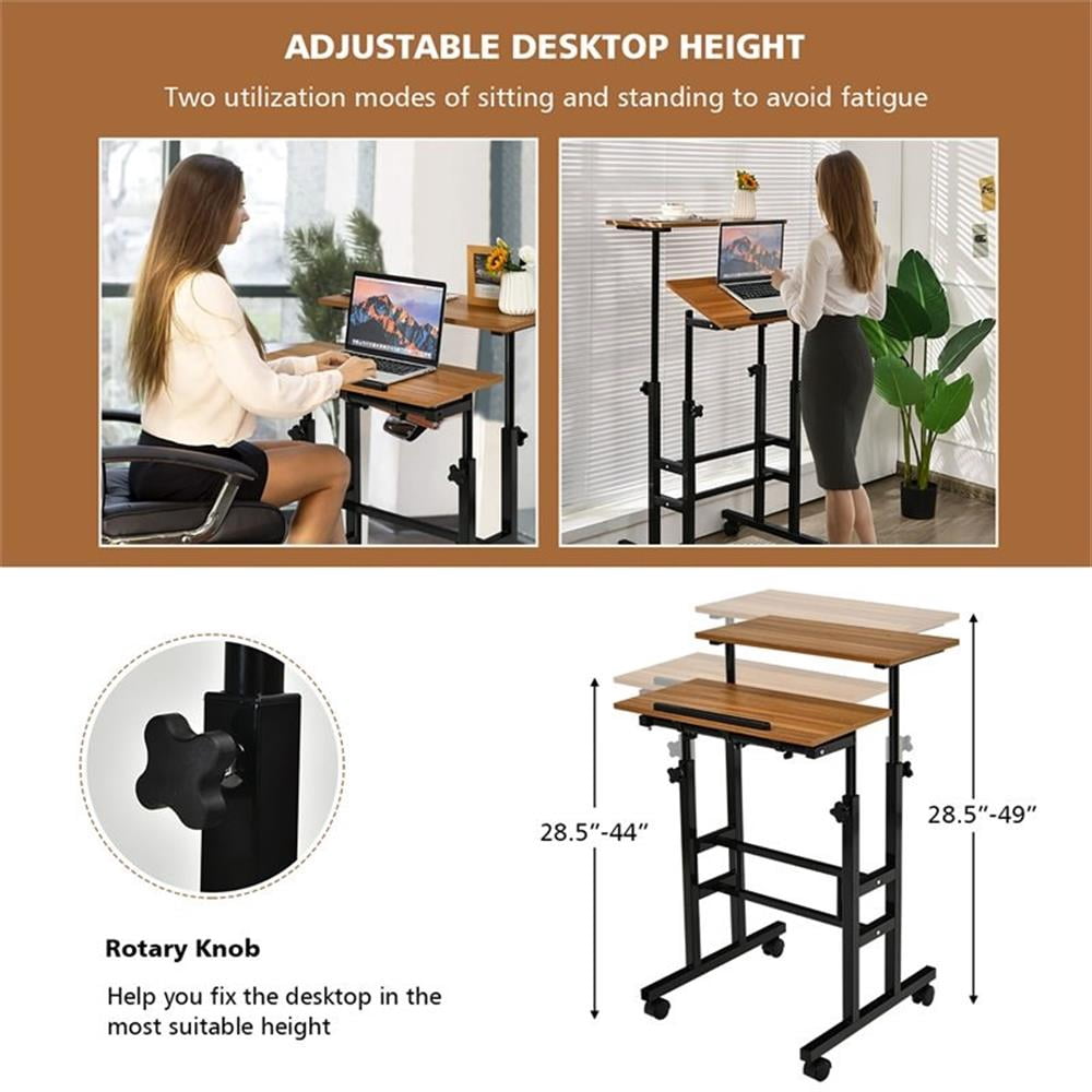 Pemberly Row MDF and Steel Adjustable Rolling Mobile Standing Desk in Walnut