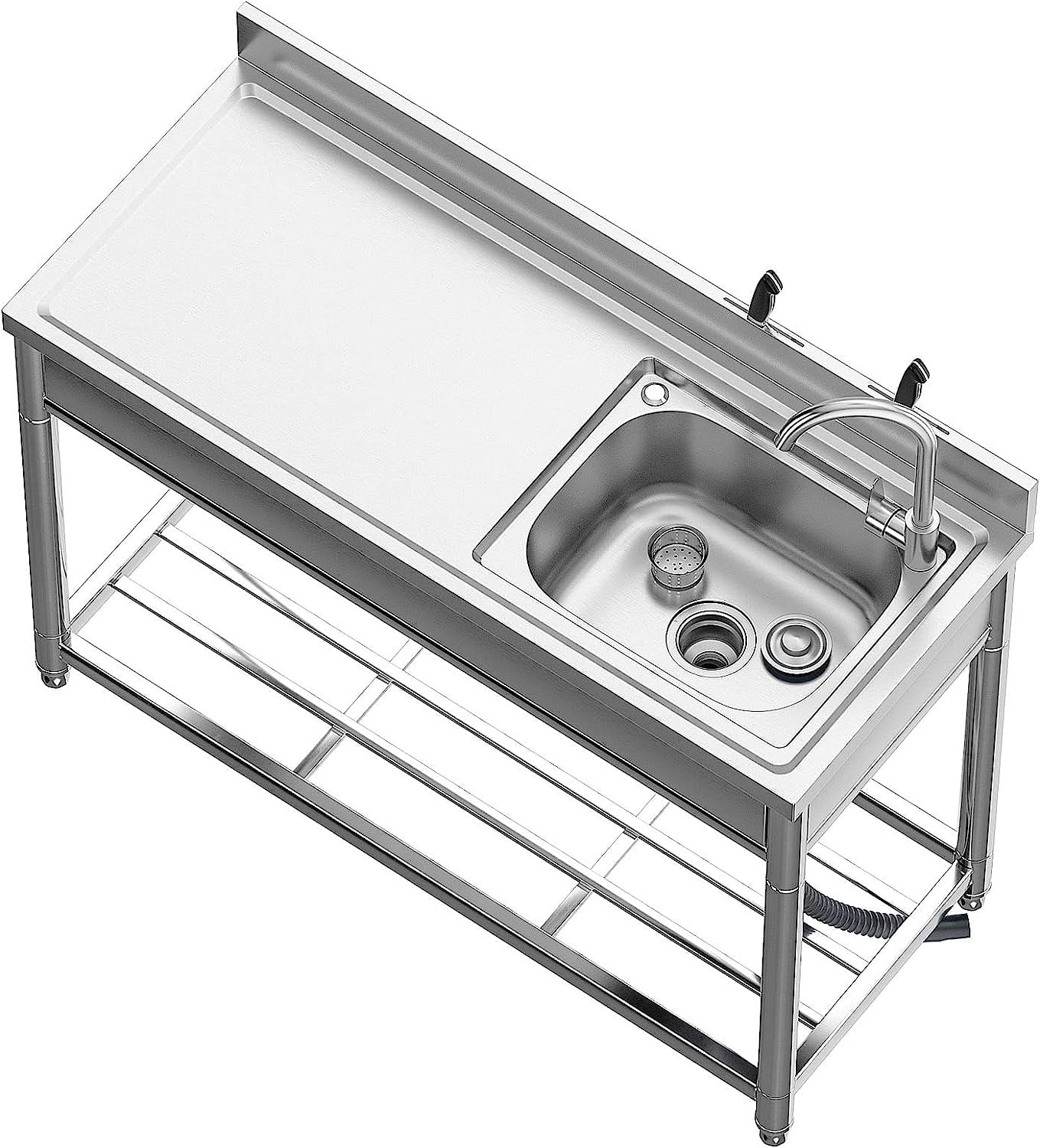 47*20*37 inch Free Standing Stainless-Steel Single Bowl Commercial Restaurant Kitchen Sink Set w/Faucet & Drainboard, Prep & Utility Washing Hand Basin w/Workbench & Storage Shelves