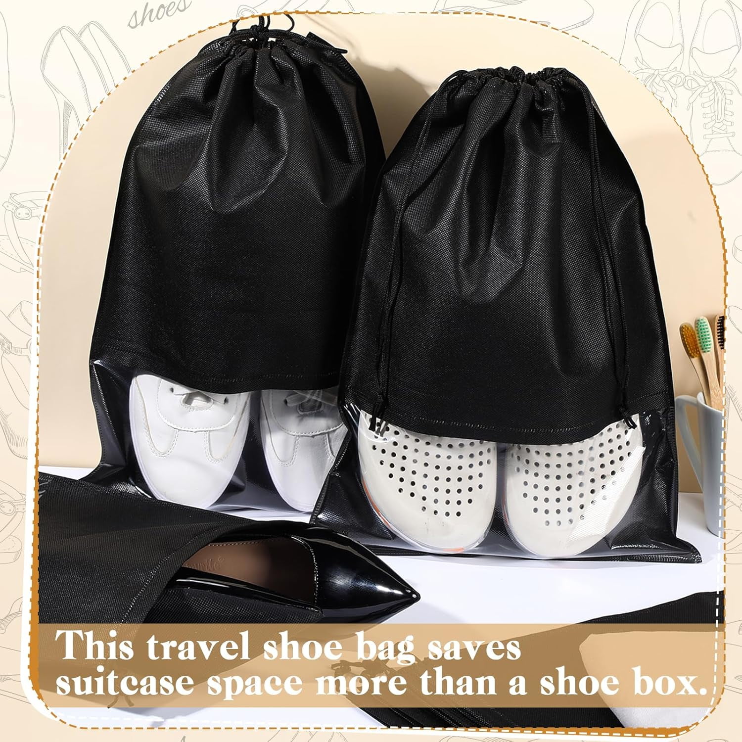 50 Pcs Black Shoe Bags for Travel Large Non Woven Drawstring Shoes Organizers Pouch for Packing Portable Storage Bags Carrier for Women Men Travel Storage, 12.6x17.3 Inches