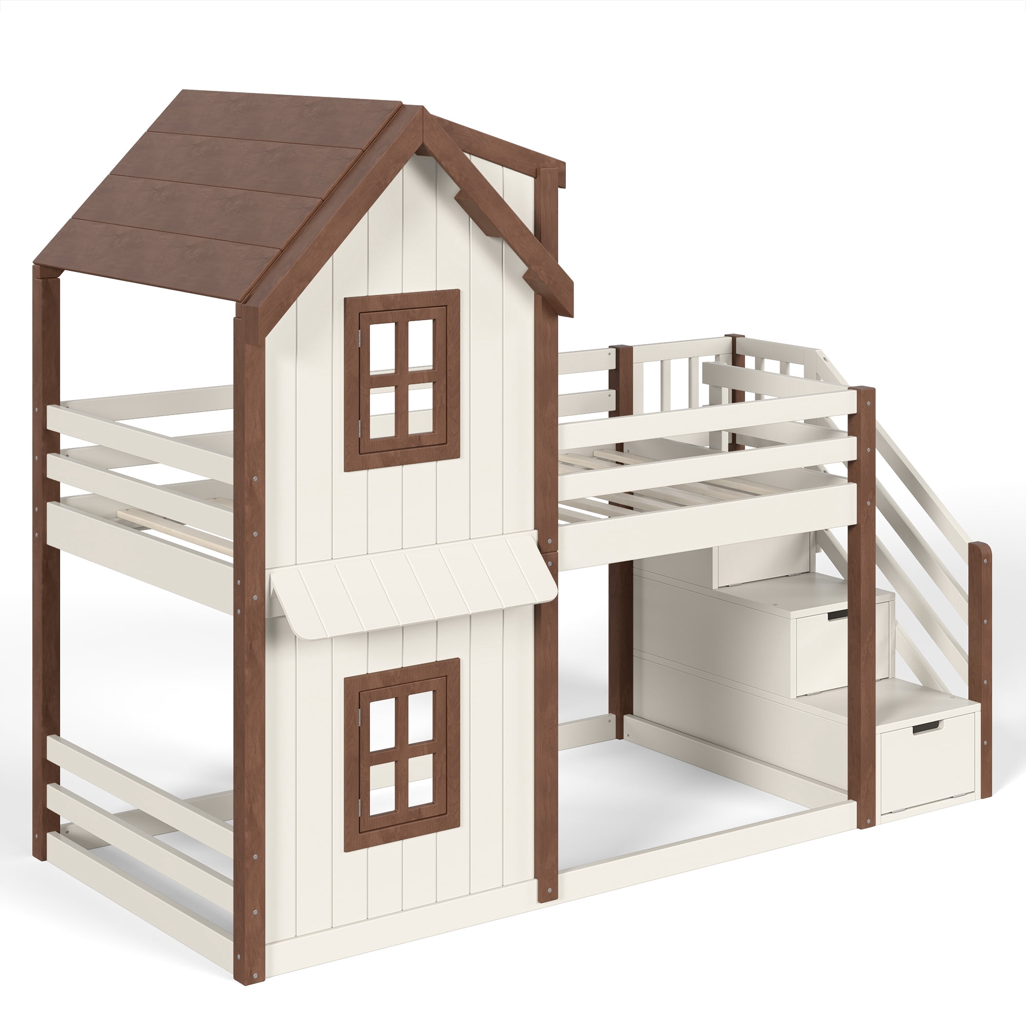Leumius Twin over Twin House Bunk Bed with Storage Stairs, Kids Playhouse Bunk Bed with Roof and Windows, Solid Wood Bed Frame with Multifunctional Lower Space, Beige & Natural