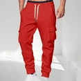 thumbnail image 3 of Mens Cargo Pants Solid Color Pocket Drawstring Elastic Waist Pants Red, 3 of 6