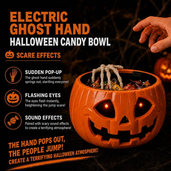 Halloween Animated Skeleton Hand Pumpkin Candy Bowls Scare Prank Ghost Candy Holder with Lights Pumpkin Lantern Trick Candy Bowls Halloween Tabletop Decorations Indoor