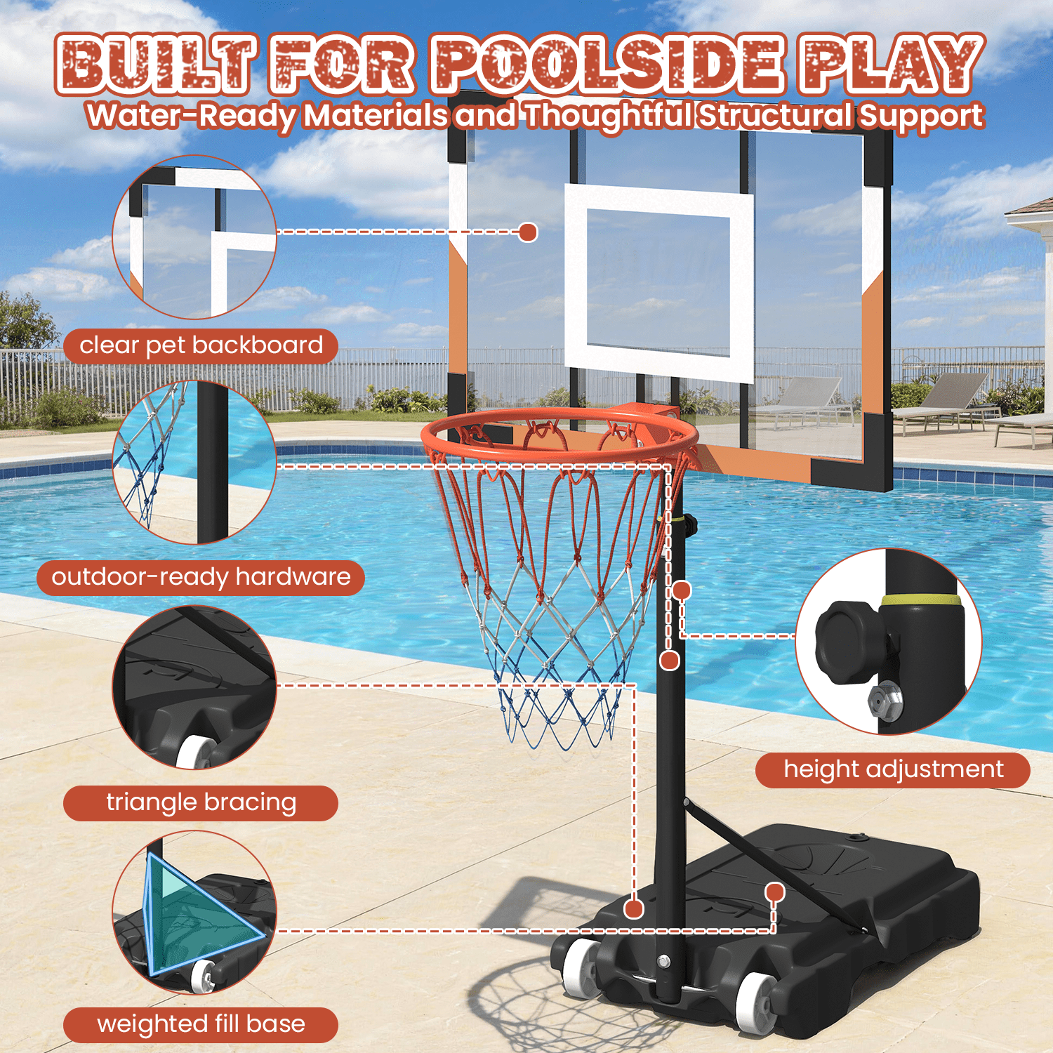 Bezliving Pool Basketball Hoop, Height Adjustable 3.9" to 6.9", Orange Steel Frame, Water Base, Includes Air Pump, 8-Inch Rubber Ball, Indoor & Outdoor Use