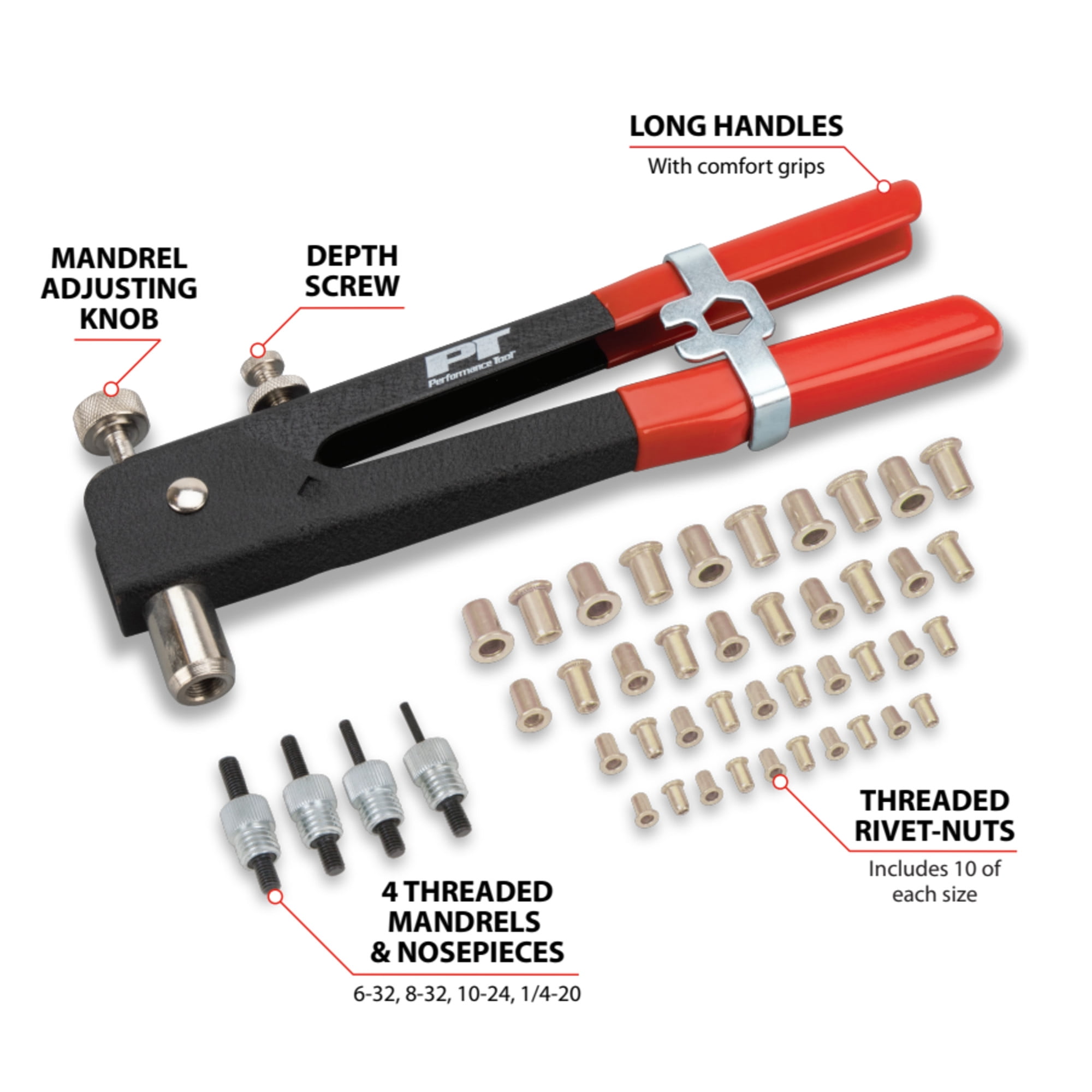 Performance Tool W2006 SAE Rivet Nut Kit Set, Riveter Tool, Rivet Nut Gun, Thread Hand Riveter, Rivet Gun, Riveting Tools with 45pc, Metric Rivet Nuts Included -/32, 8-32, 10-24, 1/4-20