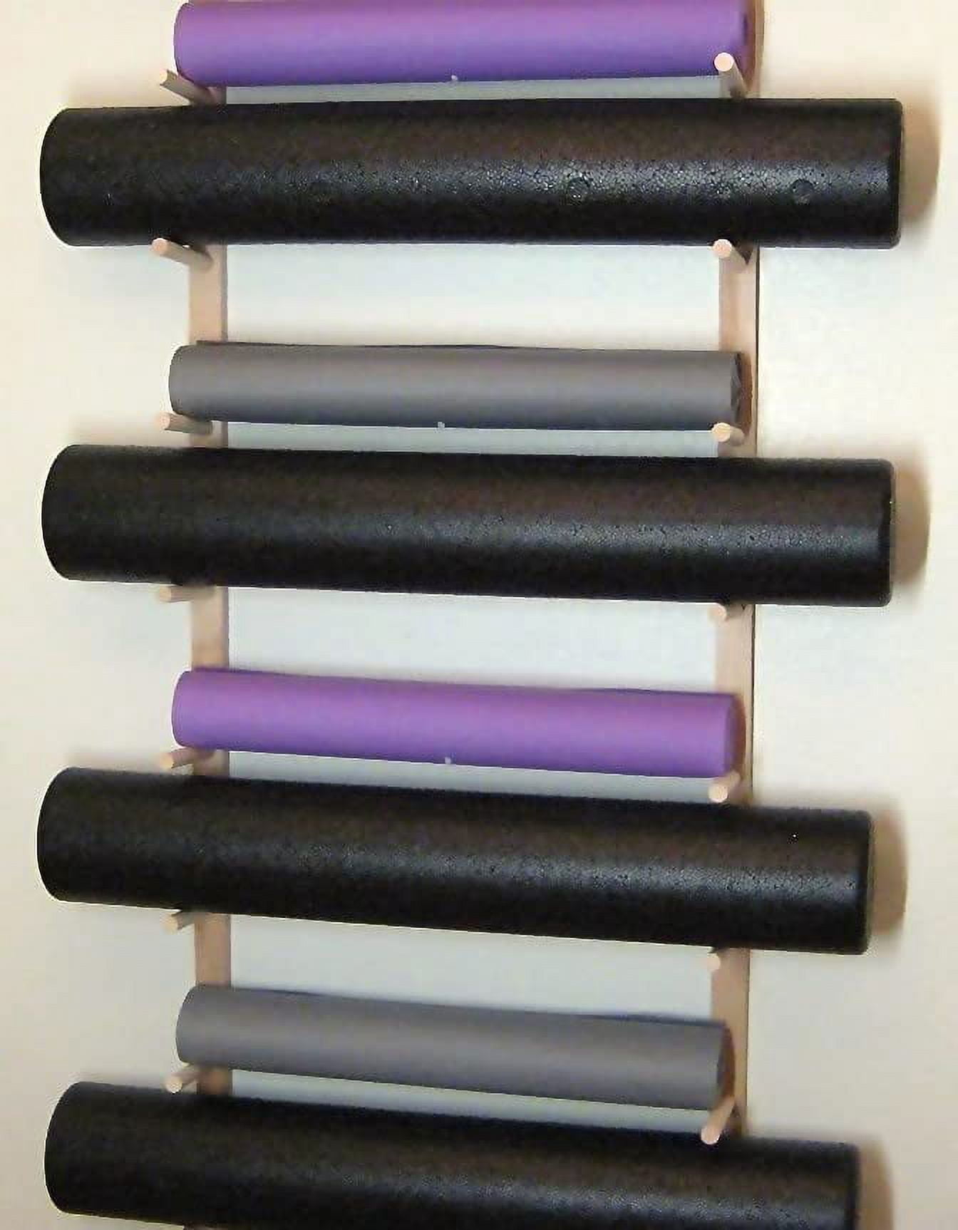 Foam Roller & Yoga Mat Storage Rack. Holds 4, 8, 12 etc. Modular (Sold by The Pairs and no. of Pairs You get Determines no. of mats/Rollers You Hold). Easy Wall Mount. Hardware Included. Black.