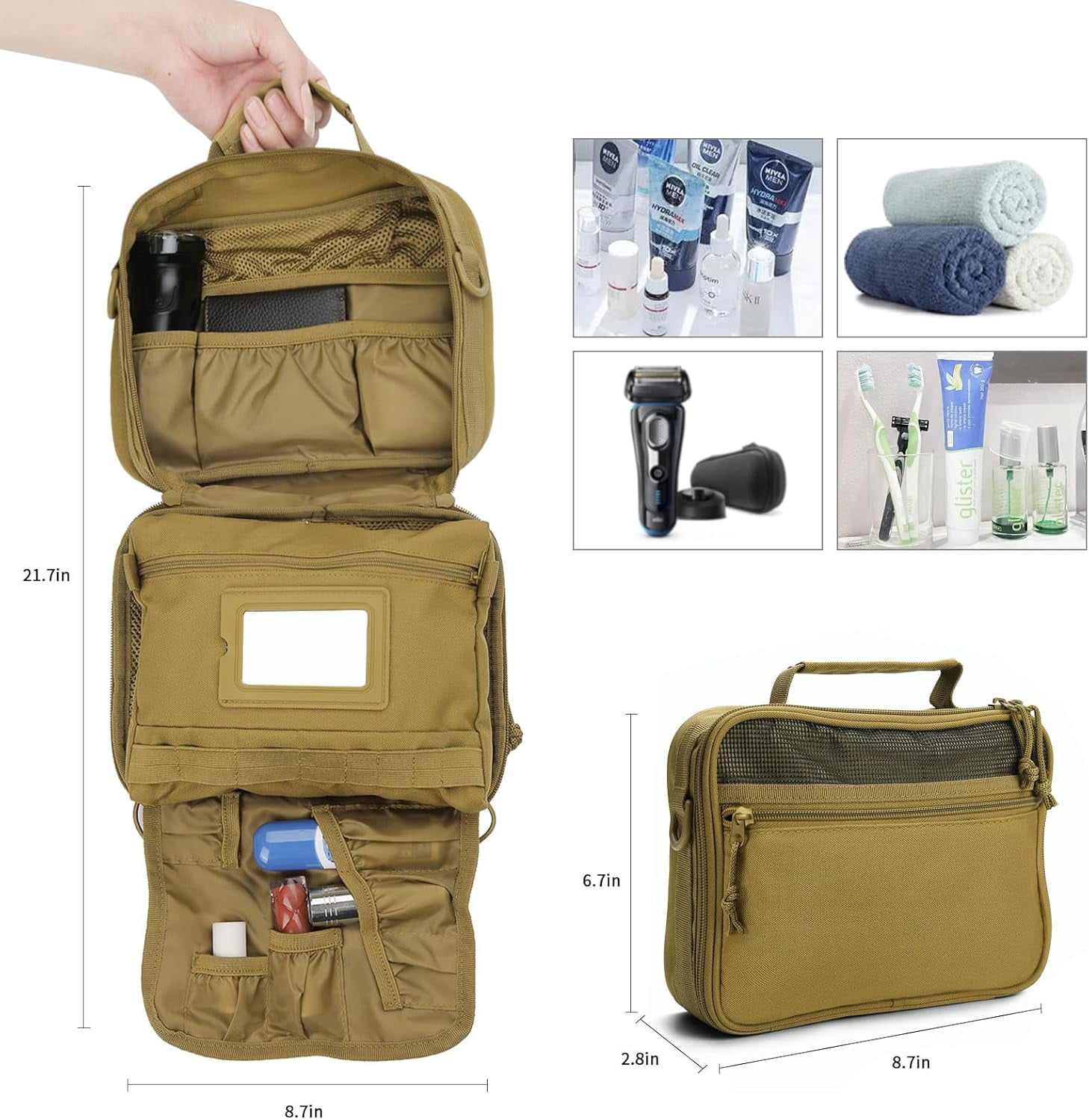 Travel Hanging Toiletry Bags,Tactical Toiletry Bag for Men,Bathroom Essentials Men's Toiletry Bag for Camping,Toiletries Organizer Dopp Kit, Travel Cosmetic Bag,Shaving Hygiene Bag-Khaki